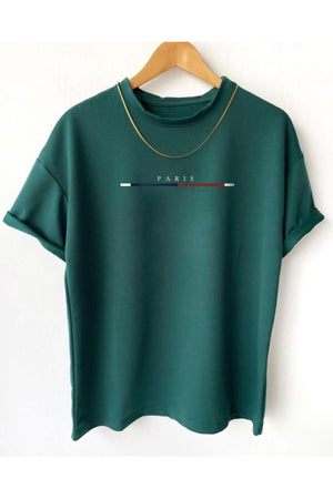 Men'S Dark Green Chest Pinstripe Paris Printed Oversize Crew Neck T-Shirt