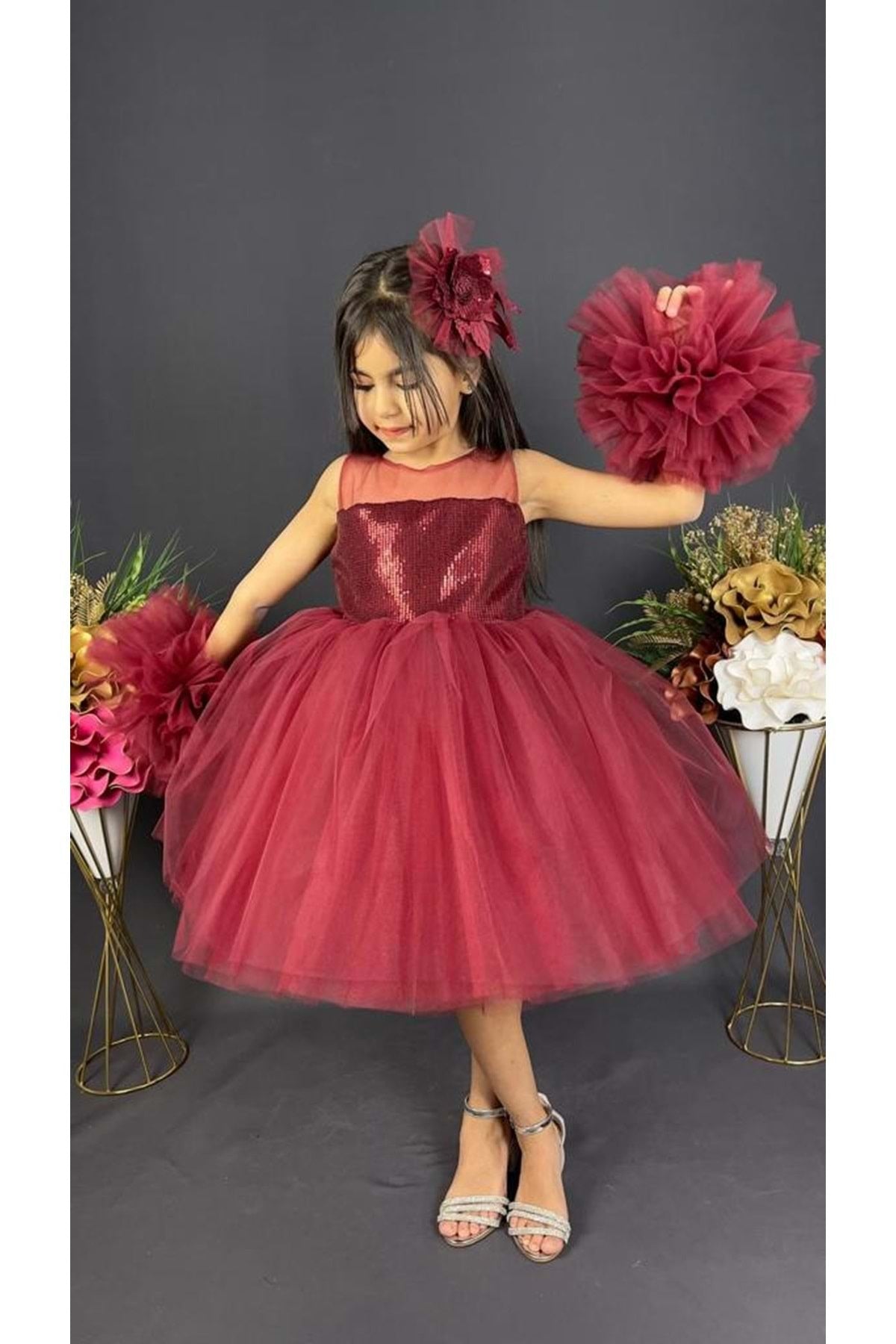 Chiffon Robe Pompom Sleeve Sequined Girls Fluffy Skirt Tulle Evening Dress Claret Red