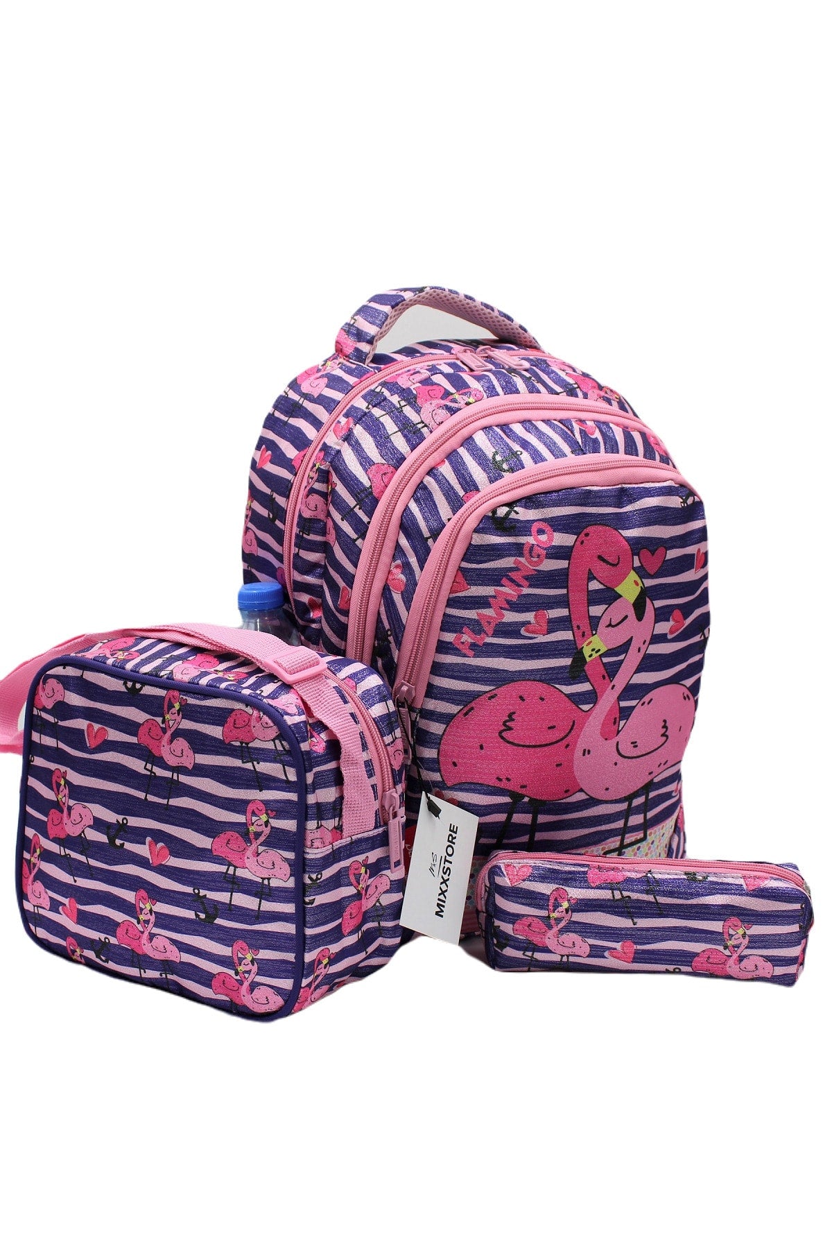 Sim Flamingo Patterned Dark Purple Color Girl Backpack Primary School Bag Set With Lunch Box And Pencil Holder