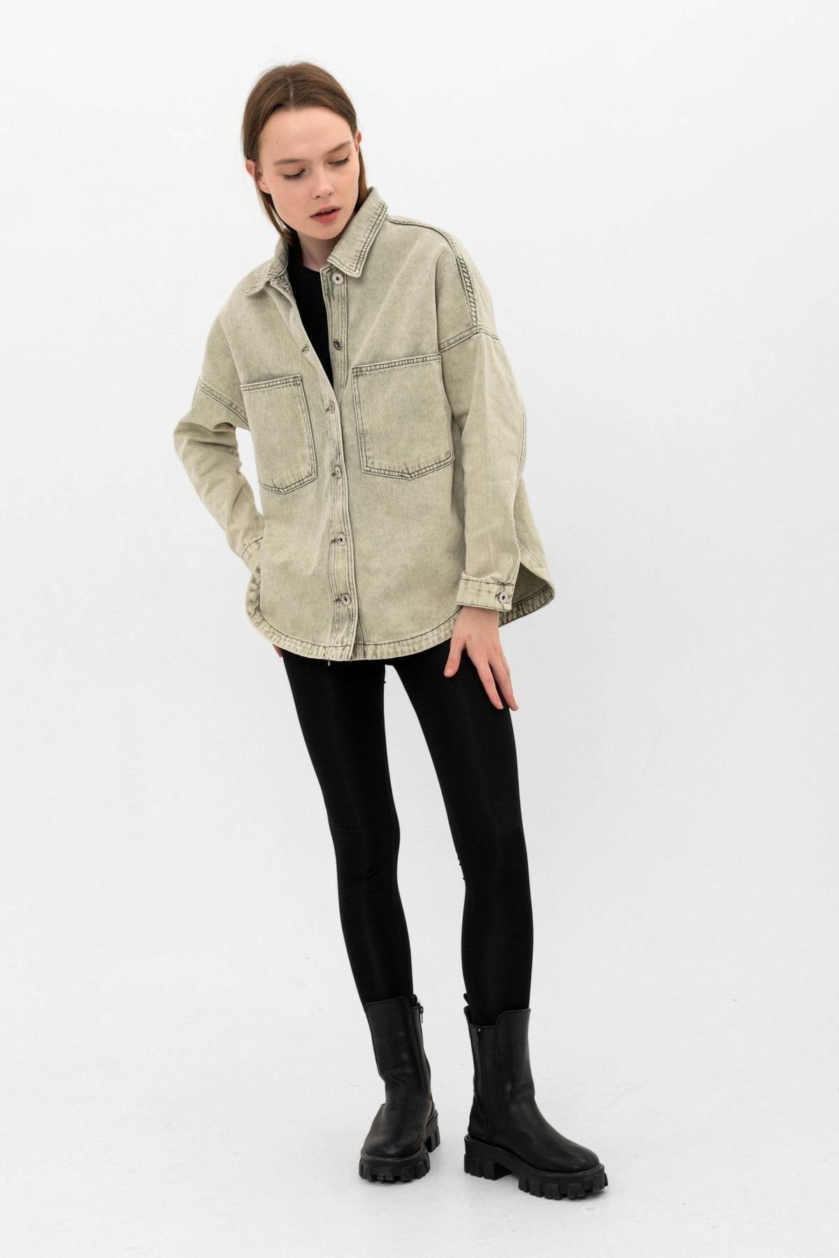 Khaki Green Pocket Slit Detailed Oversize Denim Jacket - Swordslife