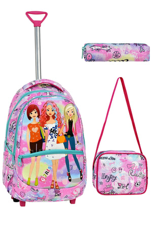 3-Pack School Set With Squeegee, Girl Patterned Primary School Bag + Lunch Box + Pencil Holder