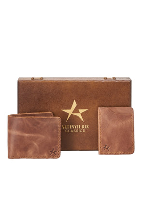 Men'S Brown Handmade 100% Genuine Leather Wallet - Card Holder Set