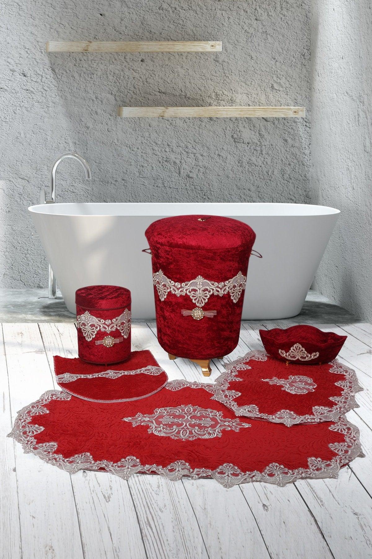 Aplique Lux Claret Red 6 Pcs Velvet Bathroom Set Dirty Laundry Basket Set Bath Mat Set - Swordslife