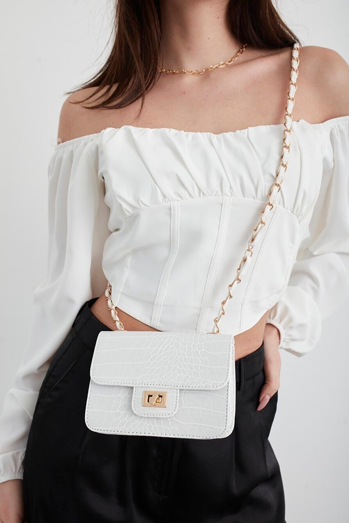 White Women'S Crocodile Patterned Mini Shoulder Bag
