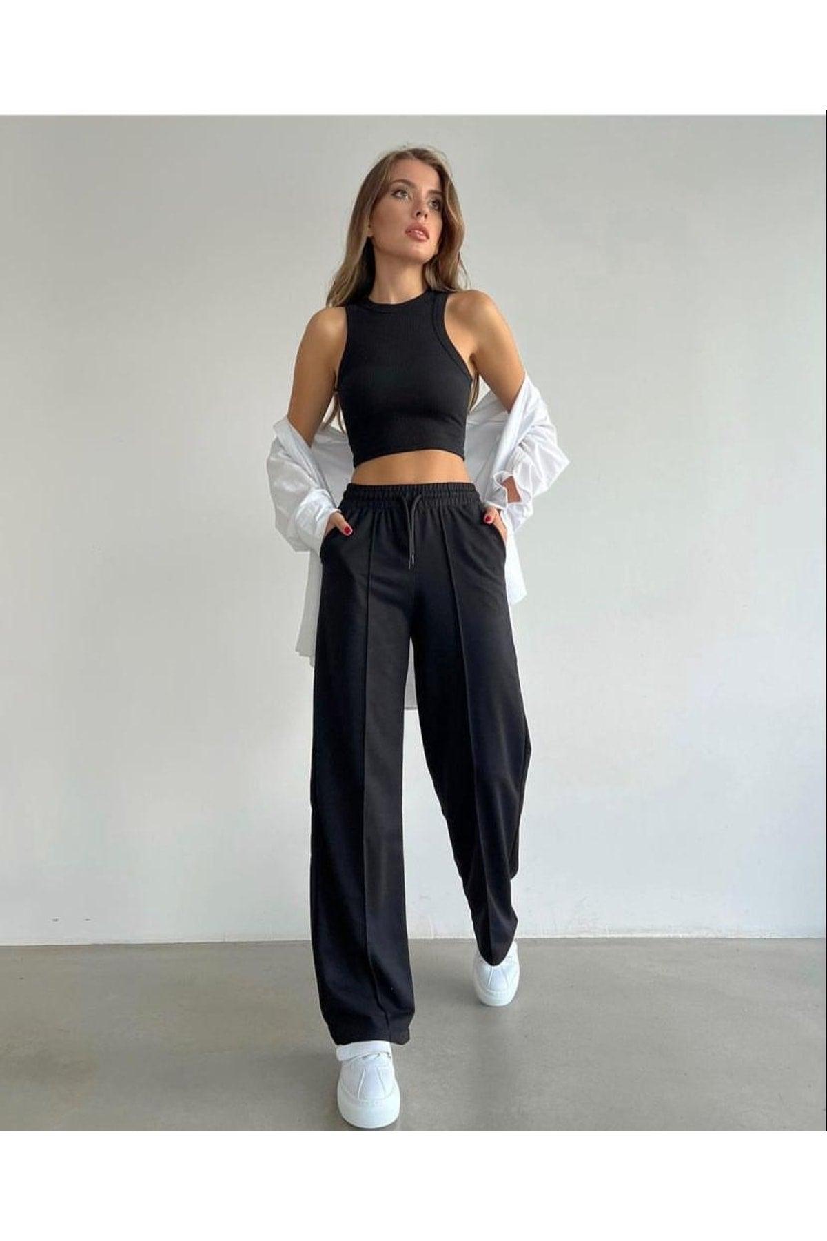 Women's Black Plain 2 Thread Wide Leg Sweatpants - Swordslife