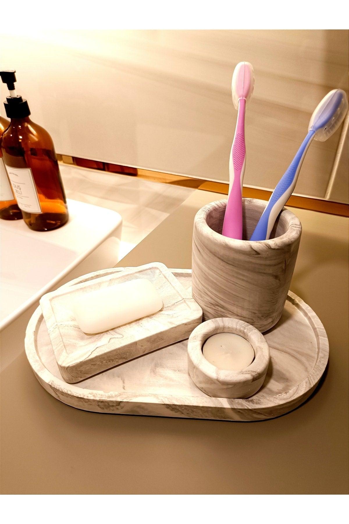 Marble Series Marble Look Bathroom Set Tray Soap Dispenser Toothbrush - Swordslife