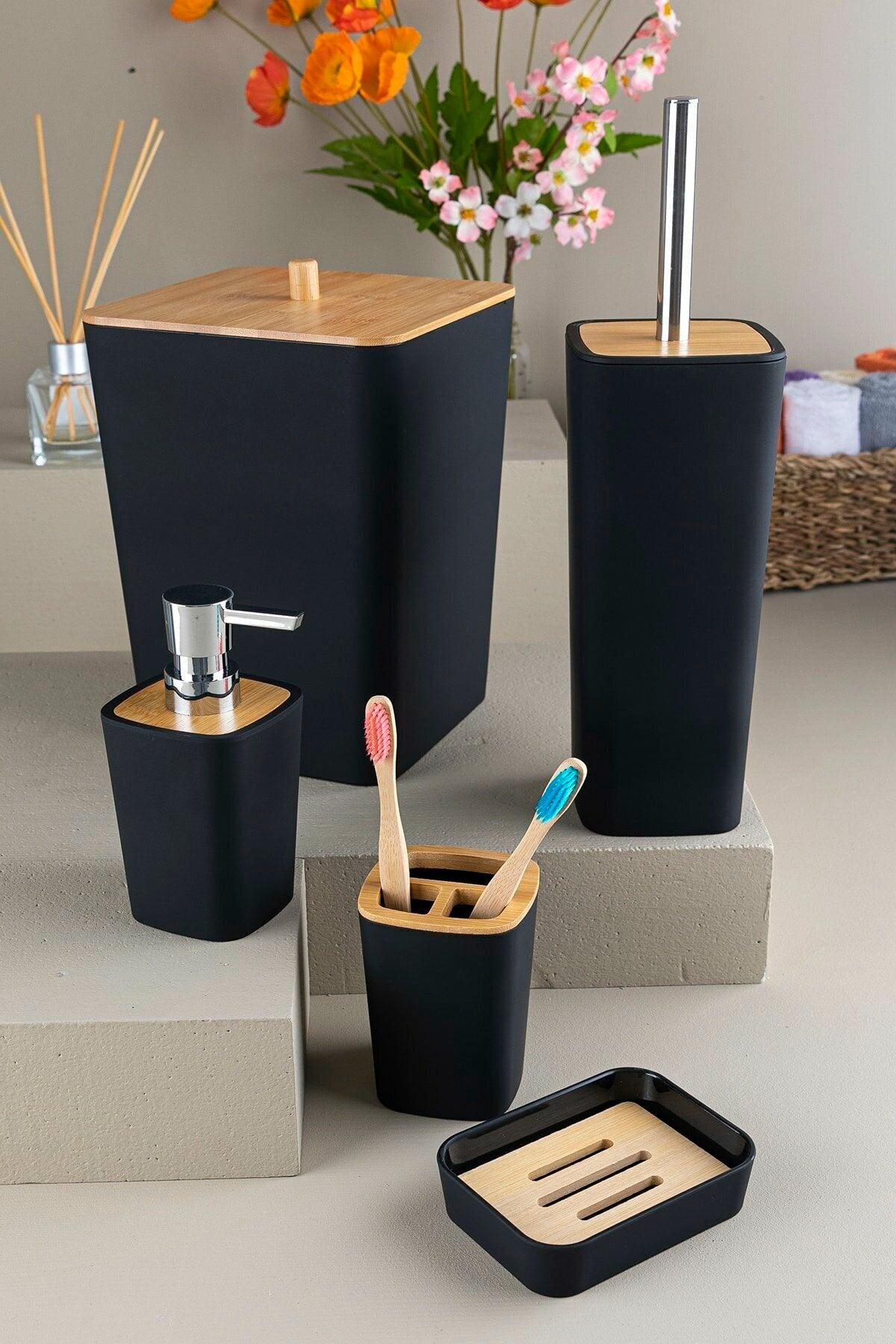 Mostar Bamboo 5 Pcs Bathroom Set Black Color - Swordslife