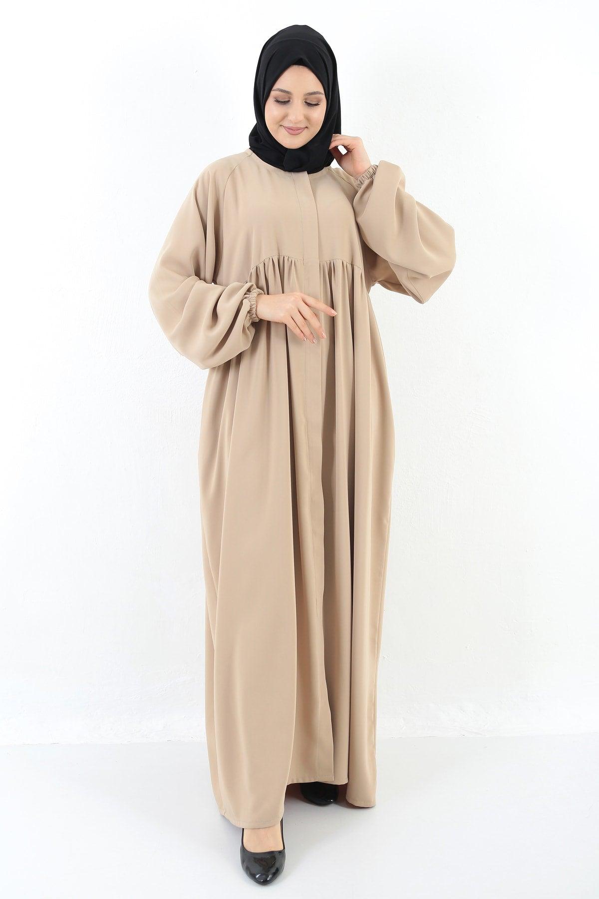 Beige Oversized Zippered Pleated Abaya Hijab - Swordslife