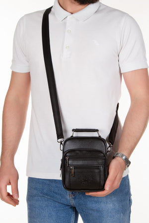 Men'S Small Size Black Leather Steel Case Hand And Shoulder Bag