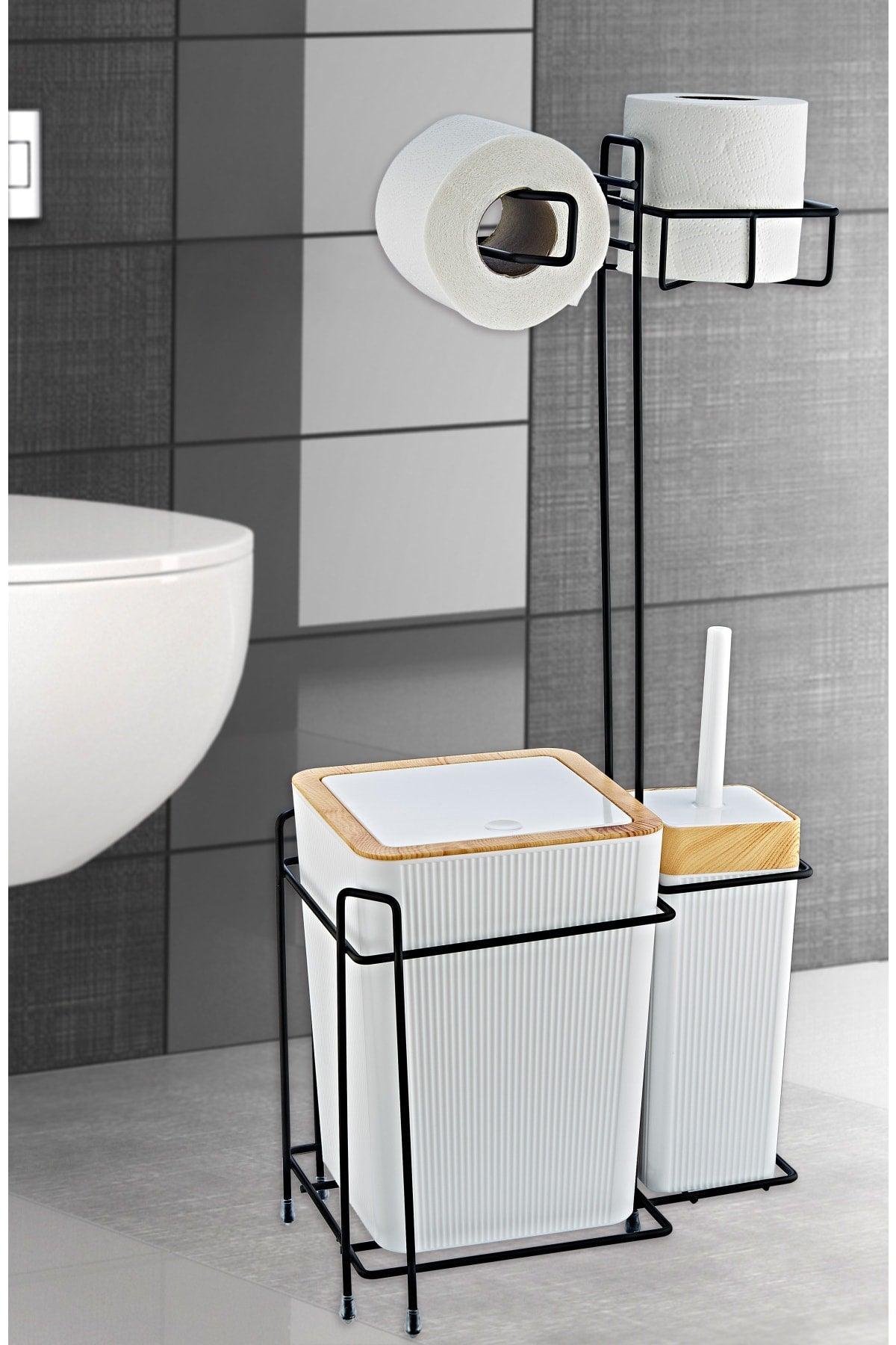 Wooden Patterned Striped Spare Wc Paper Holder With Metal Stand - Dustbin And Wc Brush Bathroom Set - Swordslife