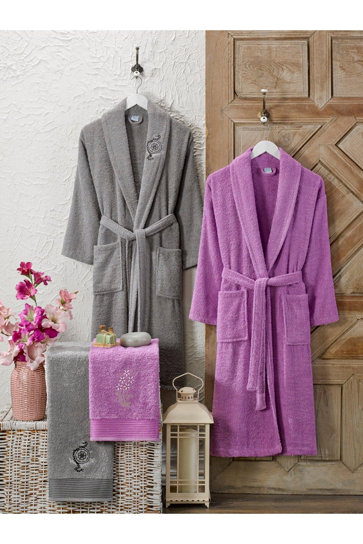 100% Cotton Compass Embroidered 4-Piece Family Bathrobe Set | Bathrobe Set | Dowry Set | Purple | Grey - Swordslife