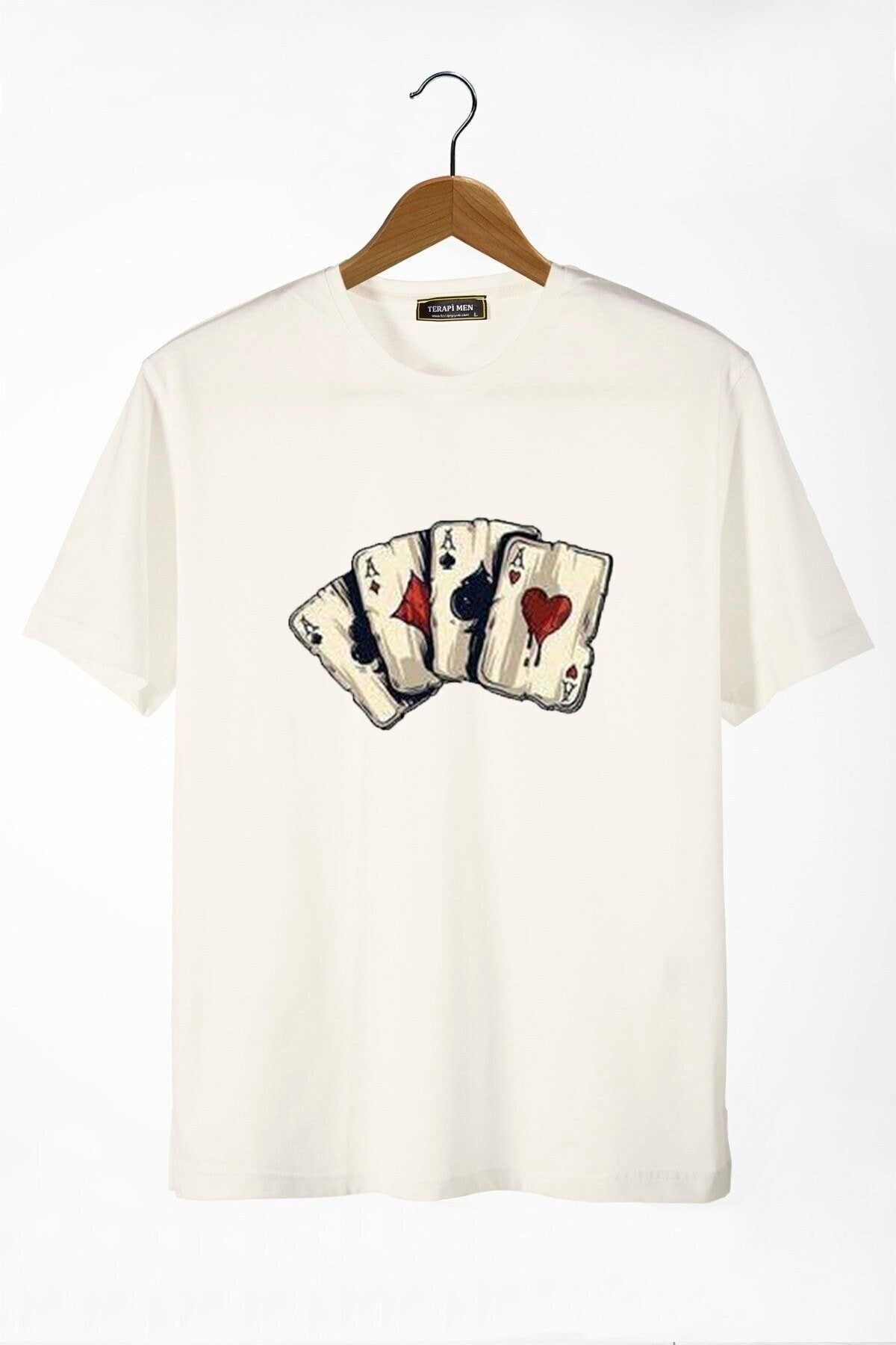 Men'S Ecru Front Playing Card Printed Crew Neck Oversize T-Shirt