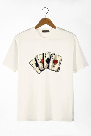 Men'S Ecru Front Playing Card Printed Crew Neck Oversize T-Shirt
