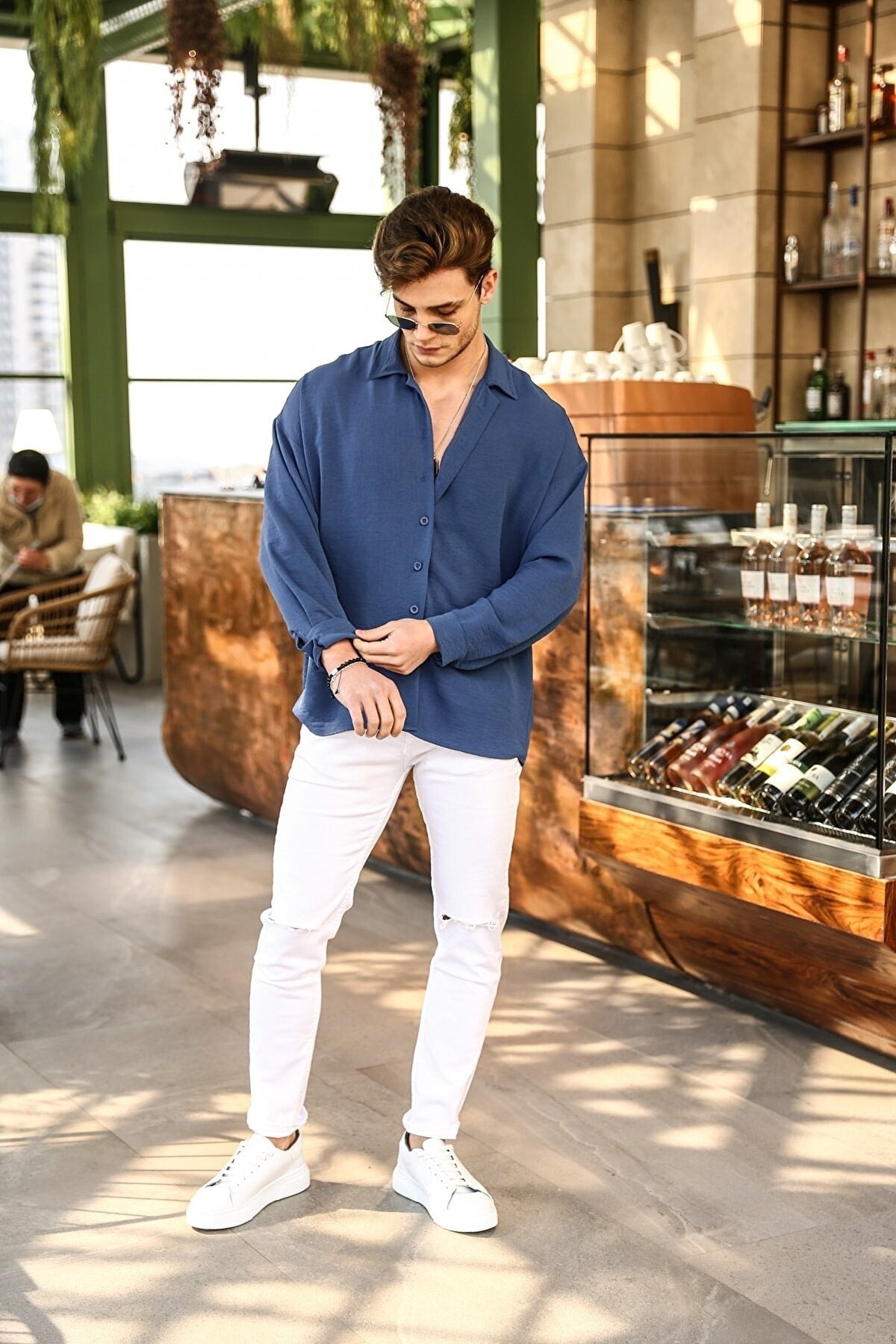Men'S Navy Blue Linen Aerobin Loose Fit Oversize Loose Shirt