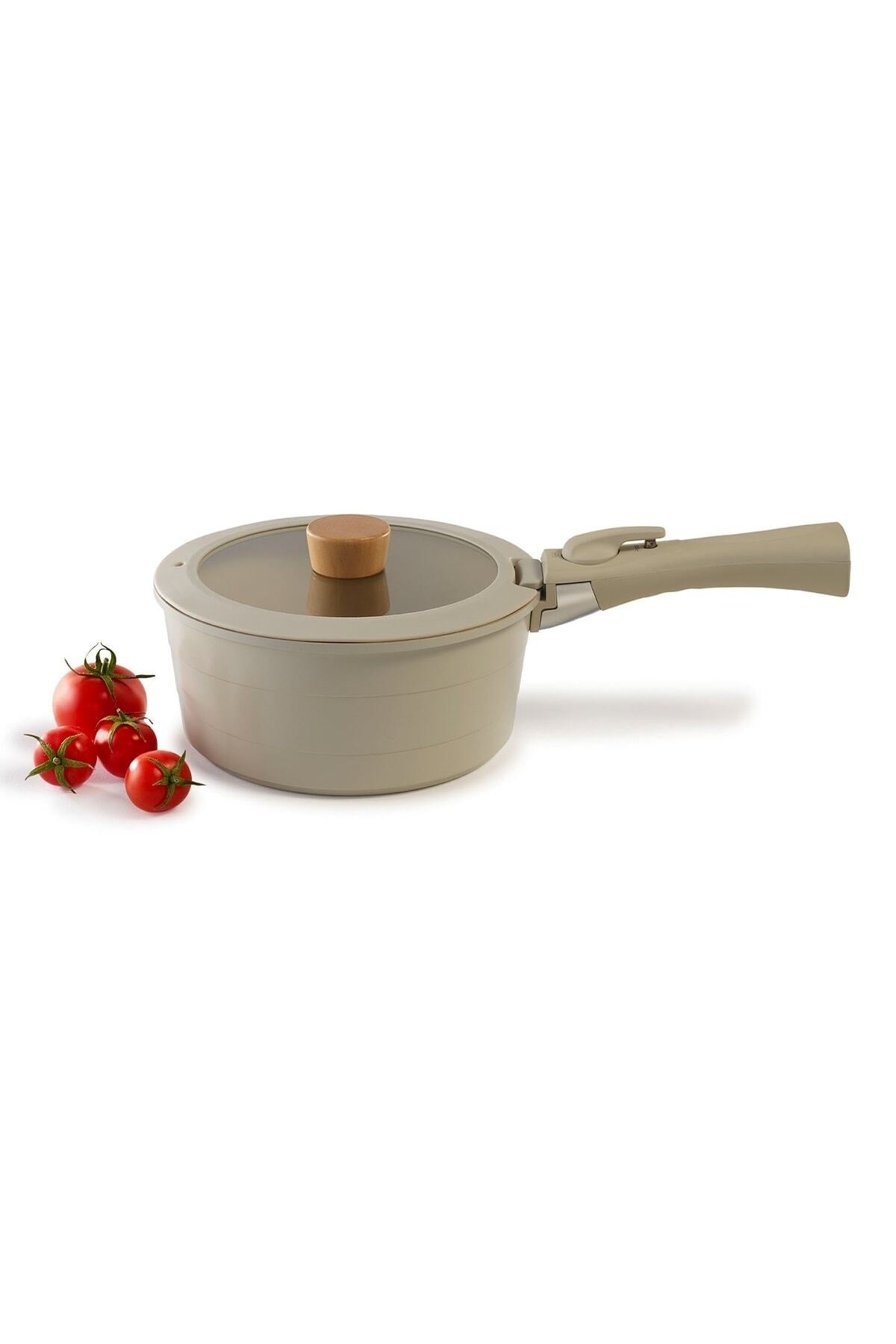 Midas Beige 11 Pieces Set Of Interlocking Pots And Pans With Detachable Handles