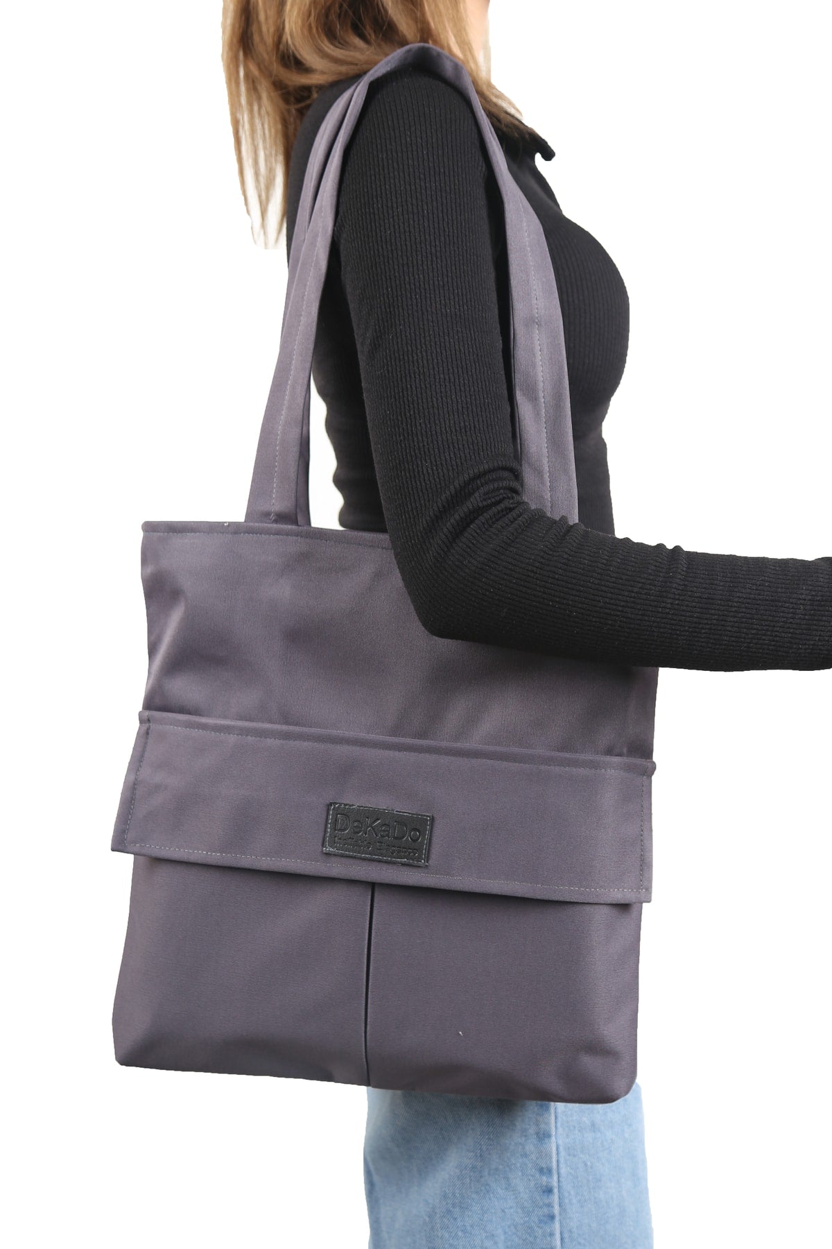 Women'S Gray Bag Zippered Hand And Shoulder Bag Canvas Fabric Tote Bag