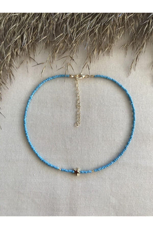 Blue Beaded Gold Star Pendant Necklace - Swordslife