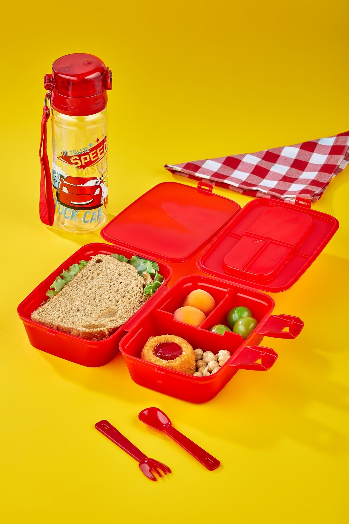 2-Layer Lunch Box with 4 Compartments and Self-Spoon and 500 Cc Water Bottle with Straw Cart