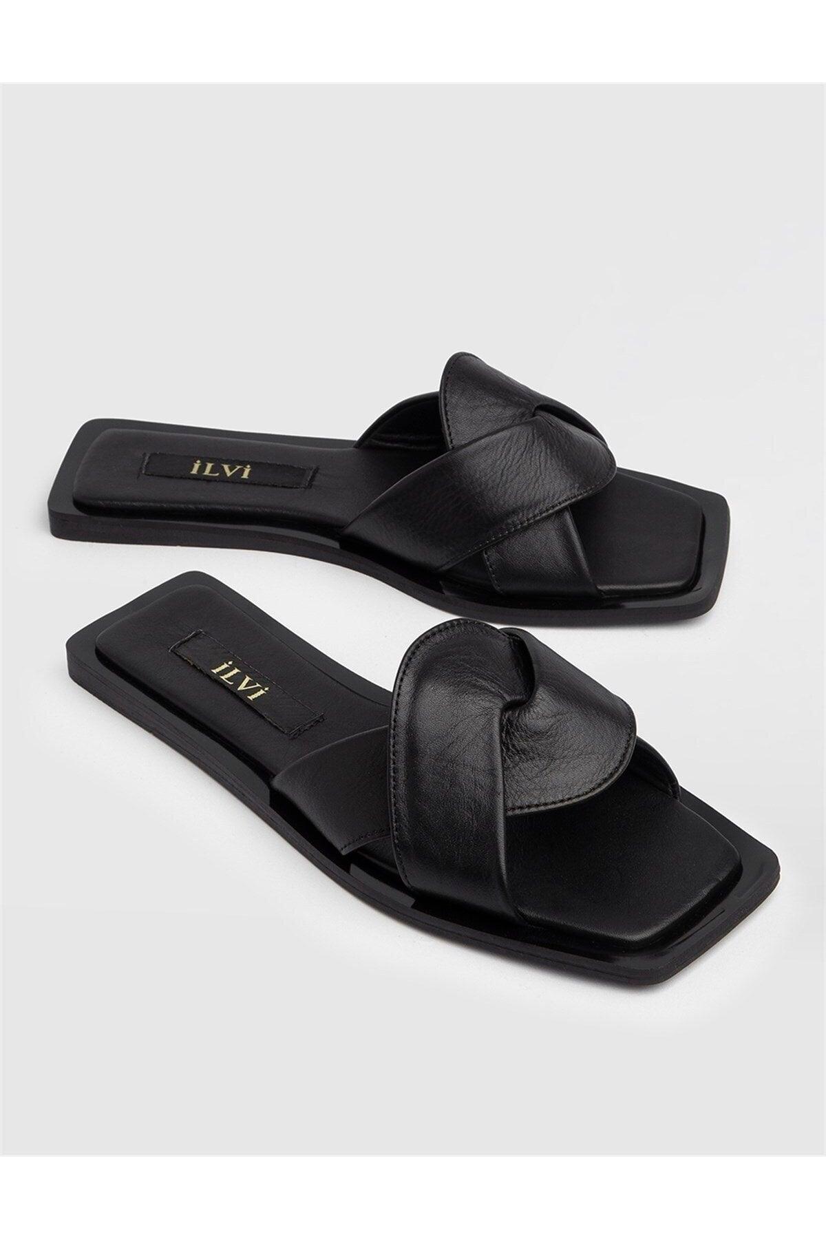 Hersi Genuine Leather Women's Black Slippers - Swordslife