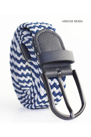 Braided Elastic Belt Navy Blue-Grey Denim, Jean, Sort Men'S Belt 3,5 Cm
