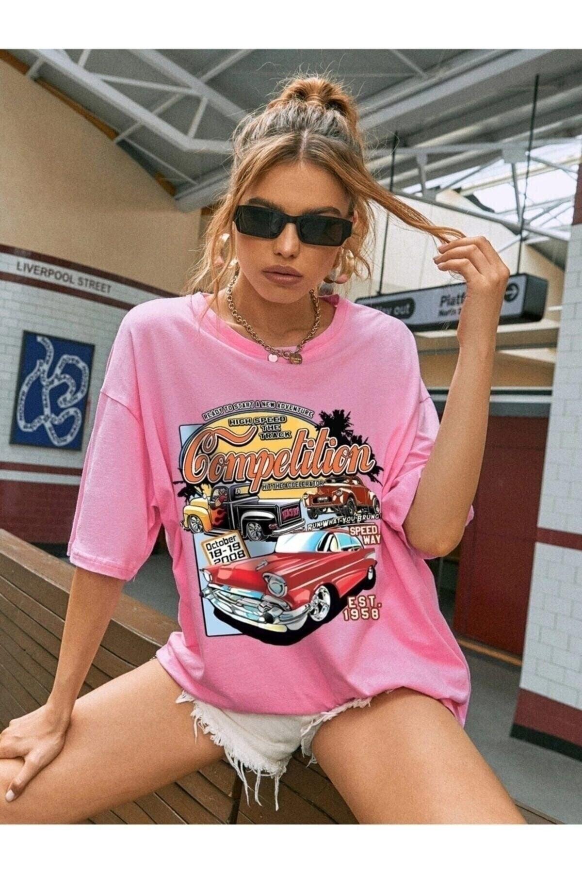 Women's Pink Compeltition Printed Oversize T-shirt - Swordslife