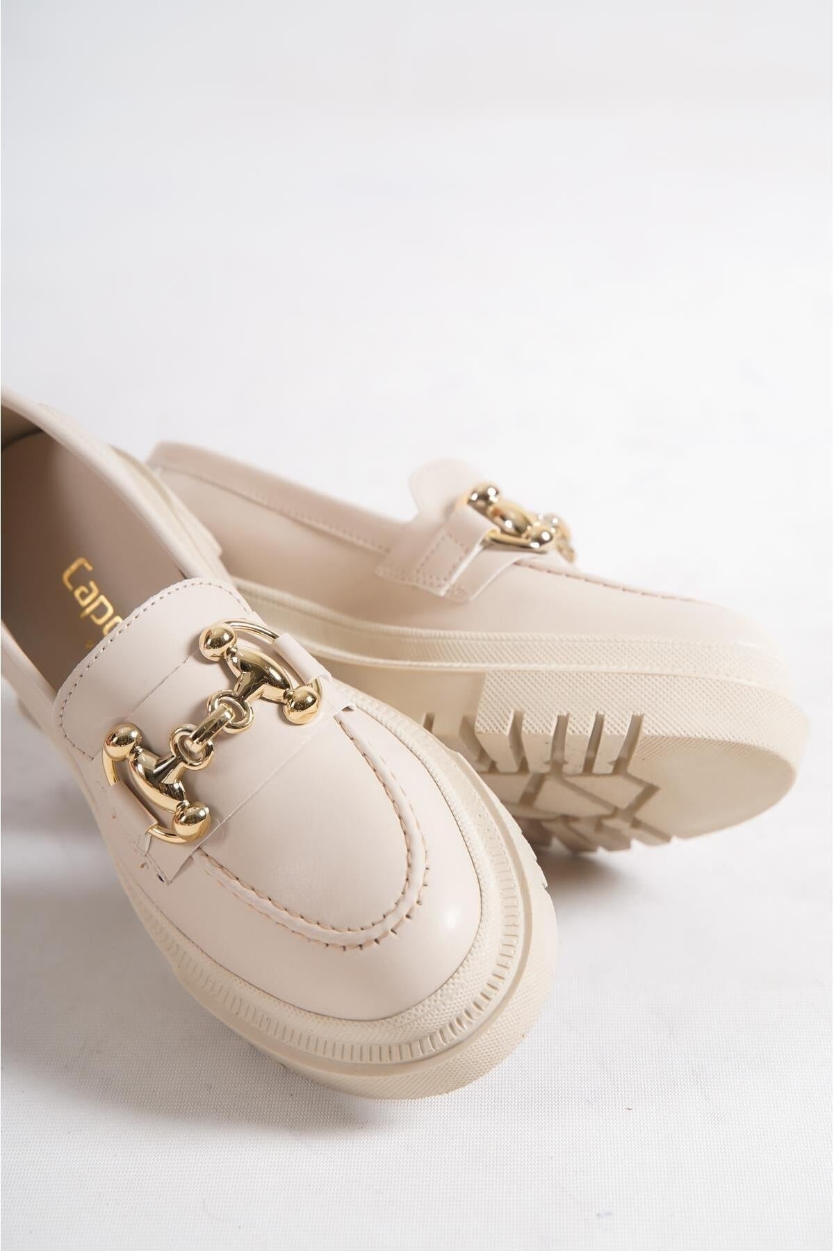 Capone Oval Toe Metal Buckle Trak Sole Ecru Beige Women'S Loafers