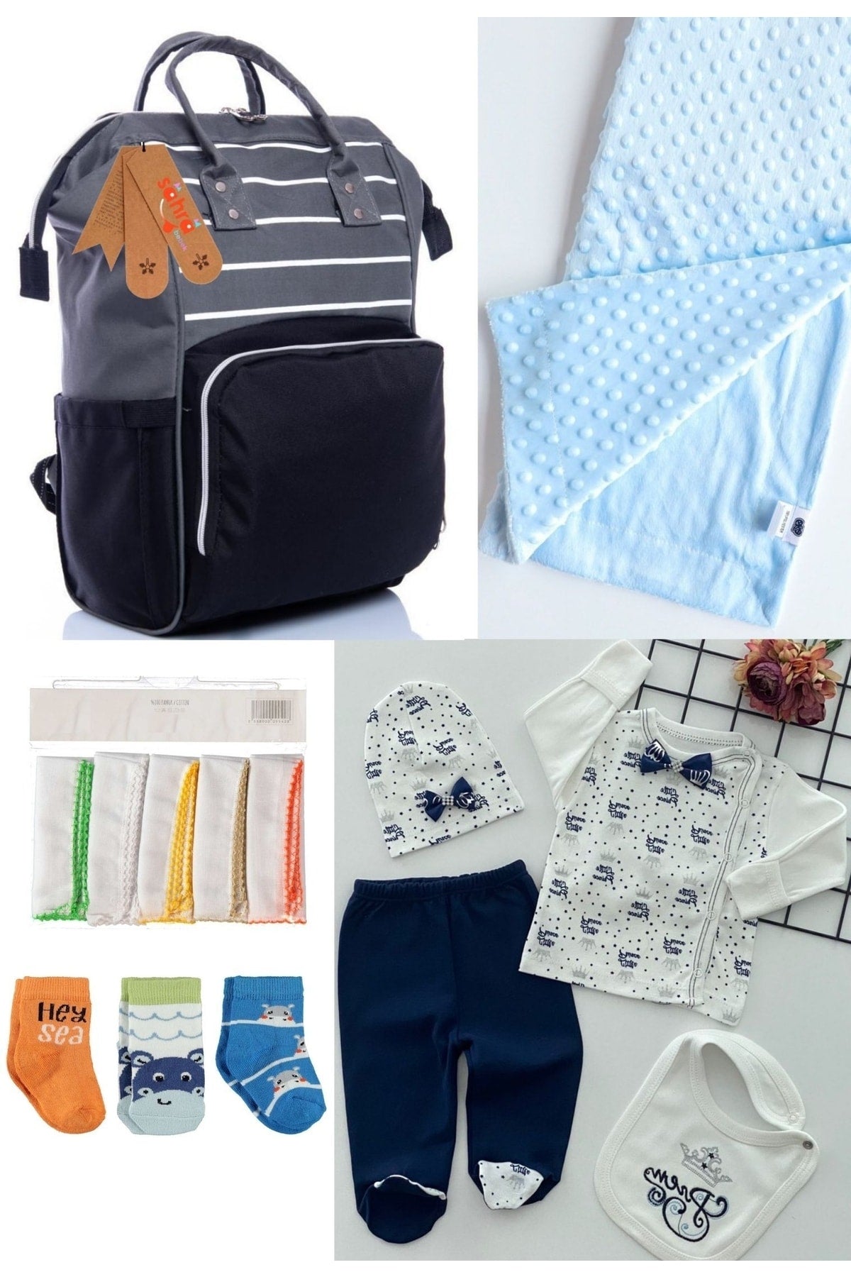 5 Piece Maternity Set (Baby Care Backpack, Hospital Exit, Chickpea Blanket, 10 Wipes and 3 Socks)