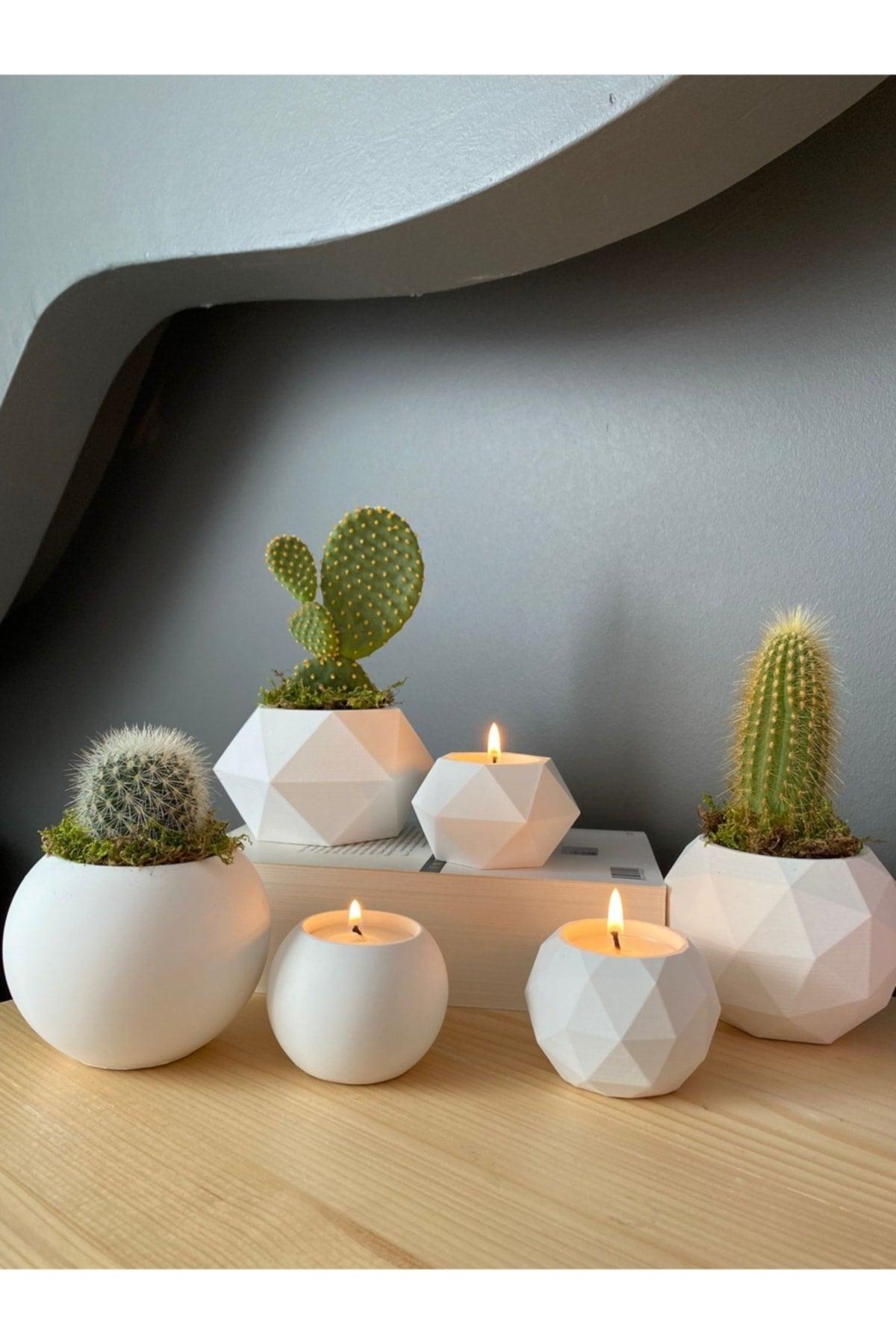 Set of 6 White Concrete Flower Pots and Candle Holders - Swordslife