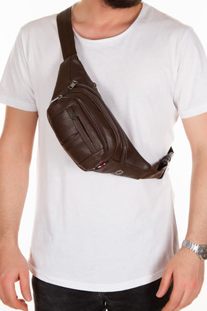 Men'S Leather Headphone Outlet Waterproof Cross Shoulder And Waist Bag (Daily Use Brown Color)