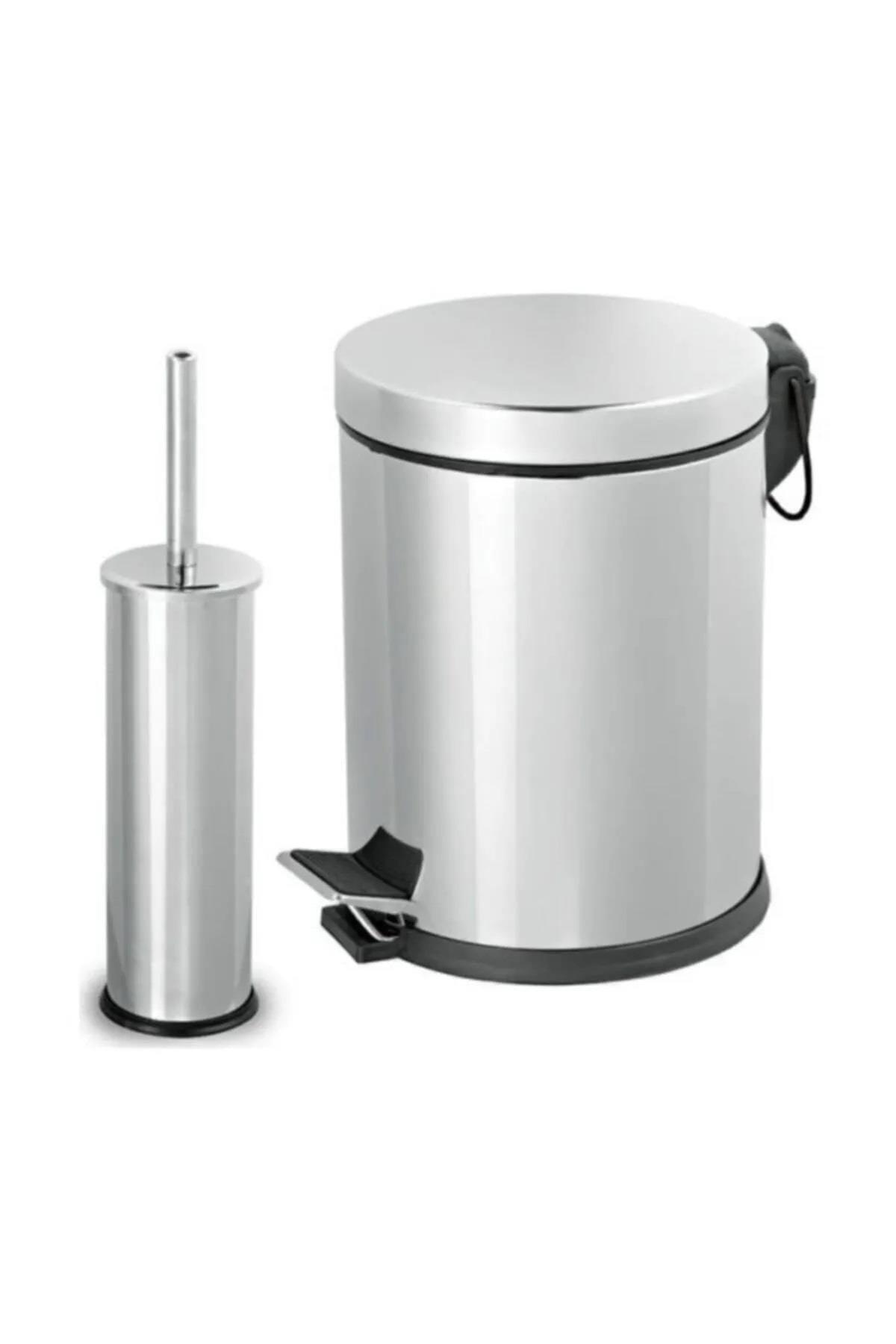 084 Pedal Metal Stainless Chrome 3 Lt Trash Can And Toilet Brush Set - Swordslife