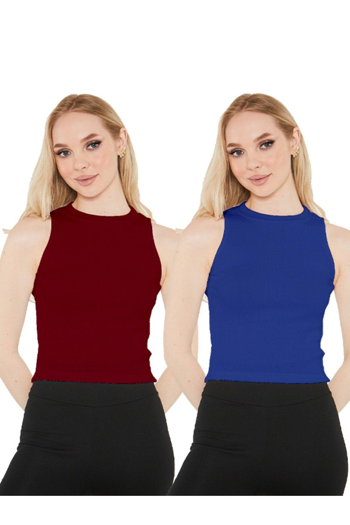 Women's Sax Blue Claret Red Halter Collar 2 Piece Crop Blouse - Swordslife