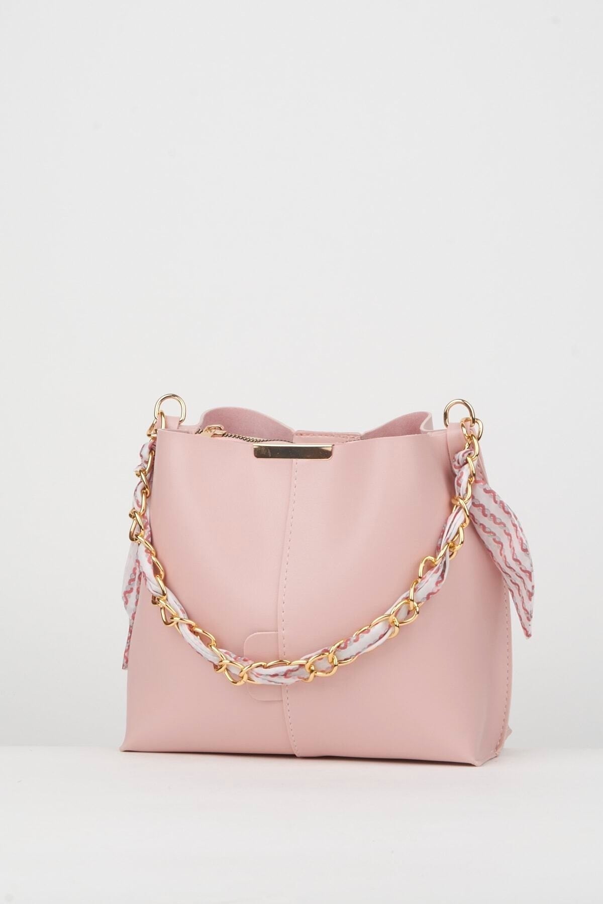 Women'S Powder Scarf Chain Accessory Soft Leather 3-Compartment Hand, Arm And Shoulder Bag