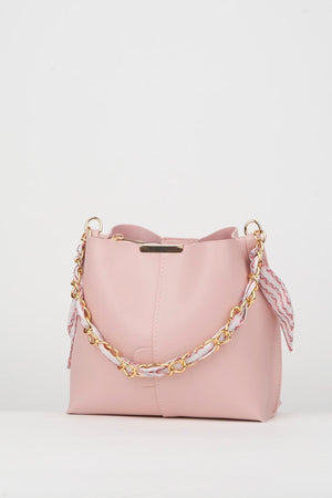 Women'S Powder Scarf Chain Accessory Soft Leather 3-Compartment Hand, Arm And Shoulder Bag