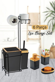 6 Piece Luxury Bathroom Set Black With Metal Stand and Wood Veneer - Swordslife
