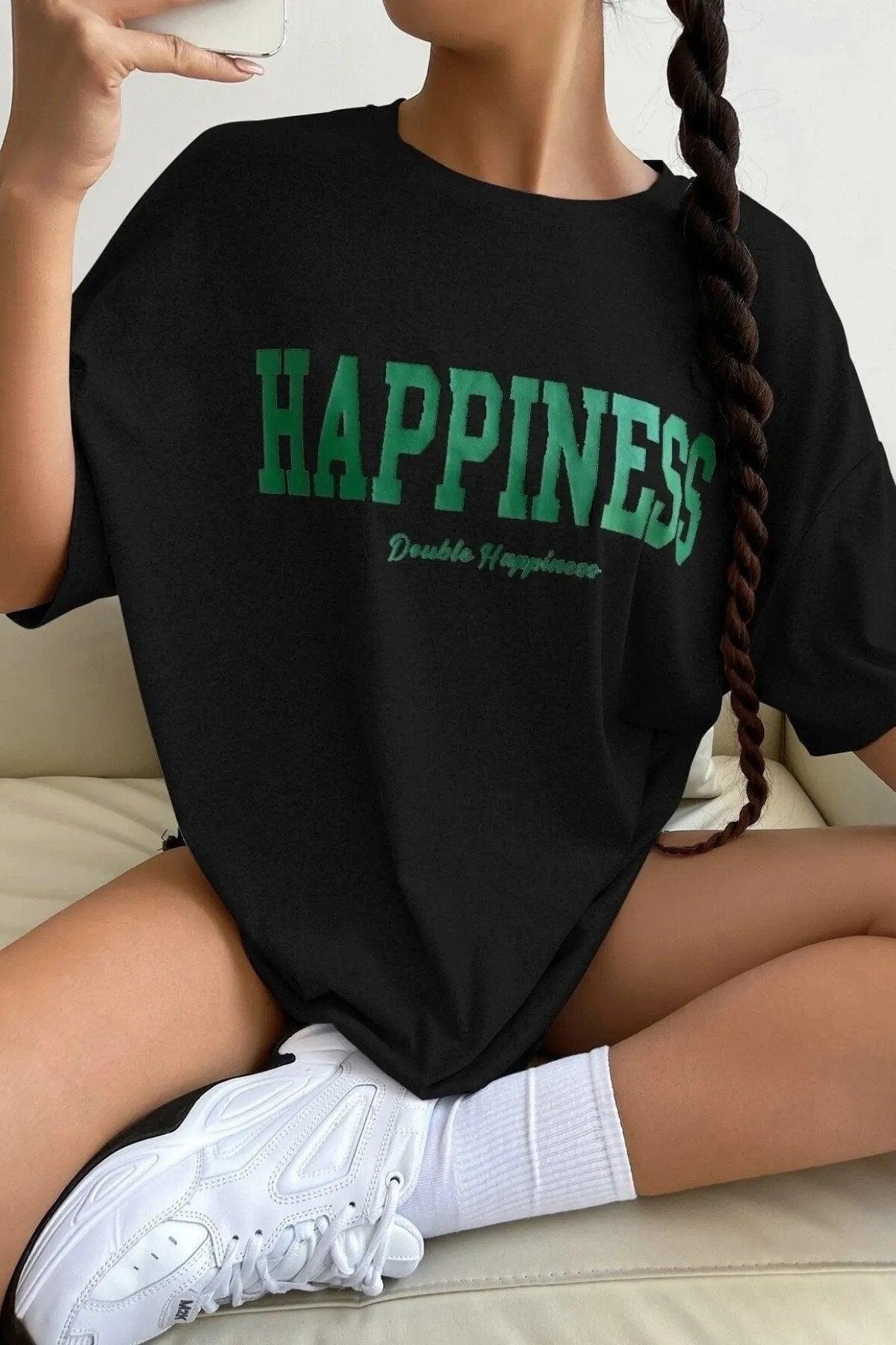 Women's Oversize Hapiness Printed Black T-shirt - Swordslife