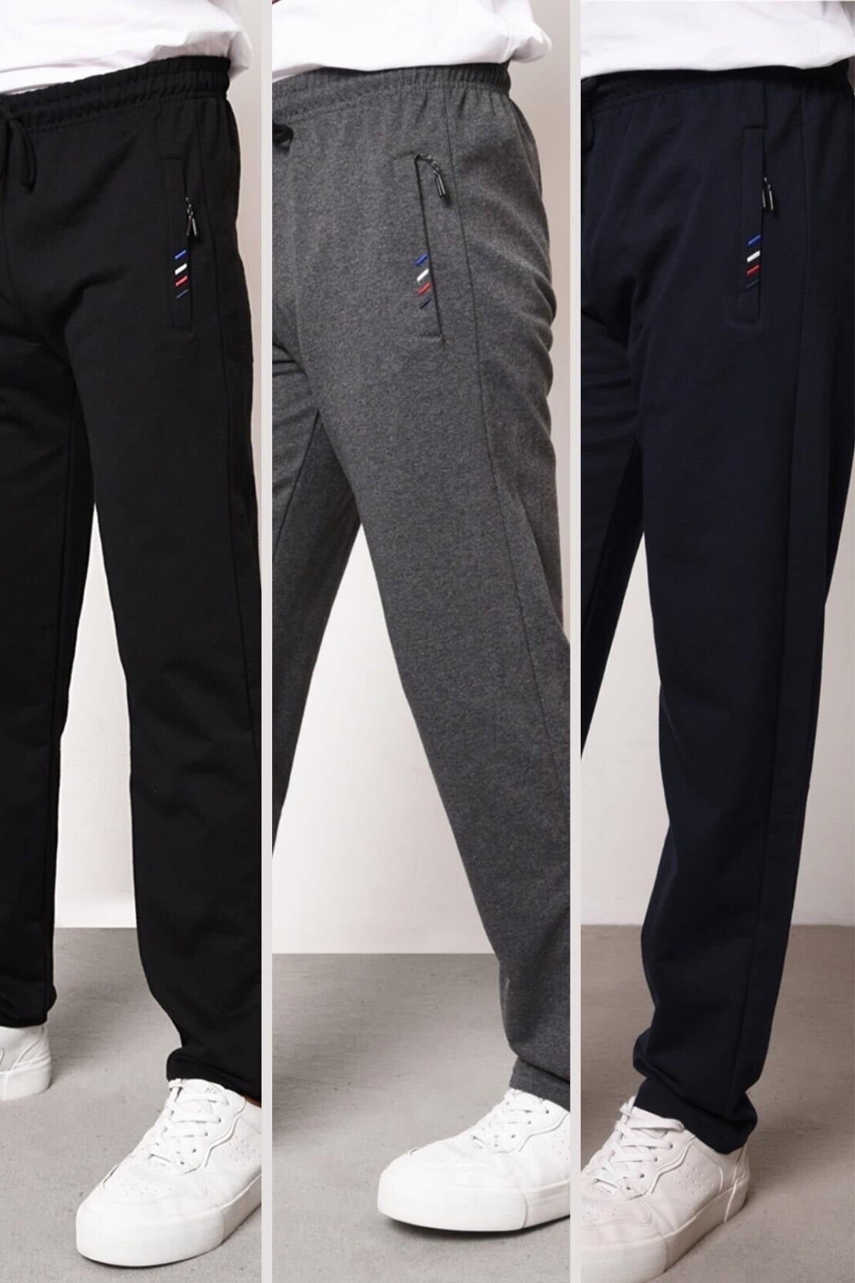 Men'S Zipper Pocket Embroidery Detail Straight Leg Comfortable Cut 3-Pack Sweatpants