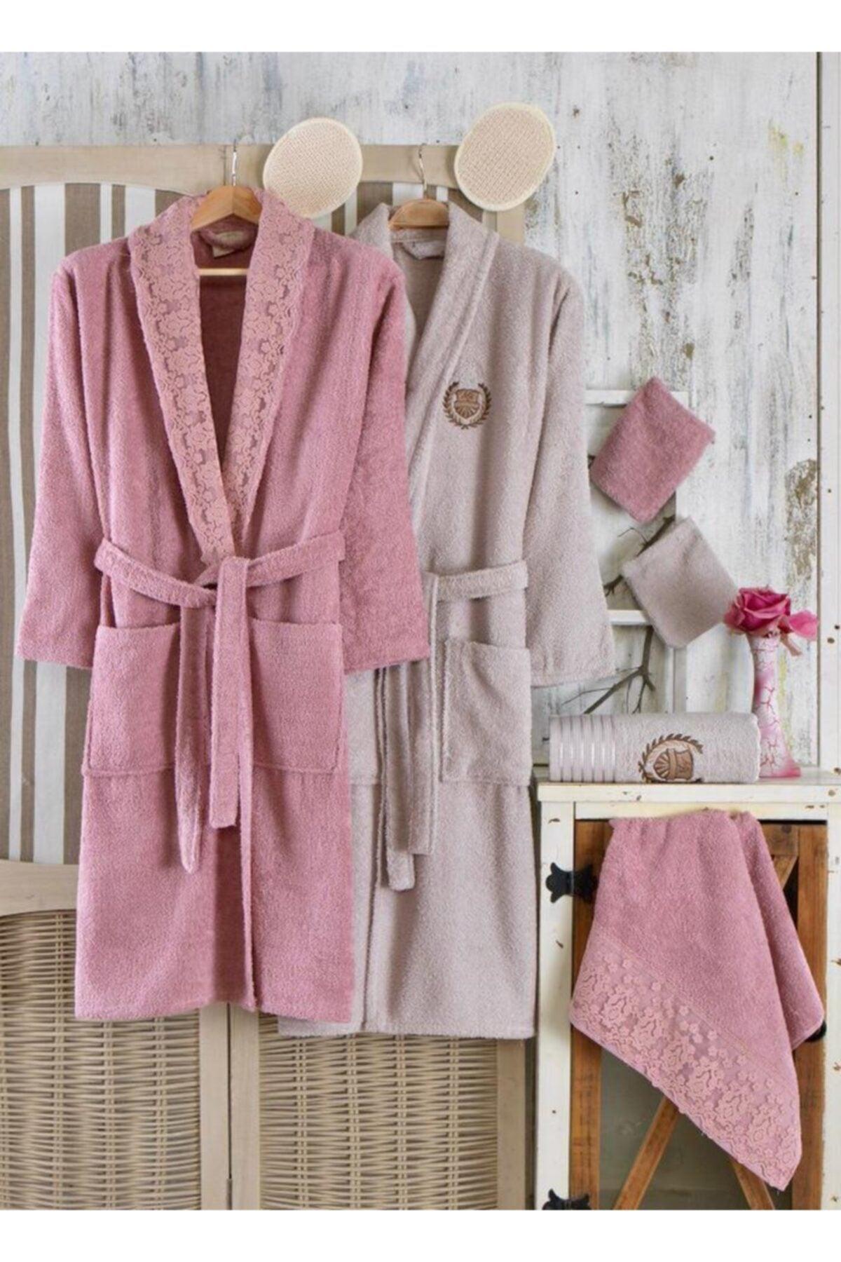 Pearl Brown Pink Guipure Lace Embroidery Cotton Dowry Bathrobe Set 10 Pieces - Swordslife