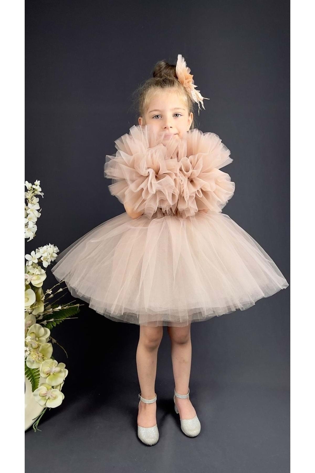 Chiffon Robe Pompom Sleeve Sequined Girls Fluffy Skirt Tulle Evening Dress Powder