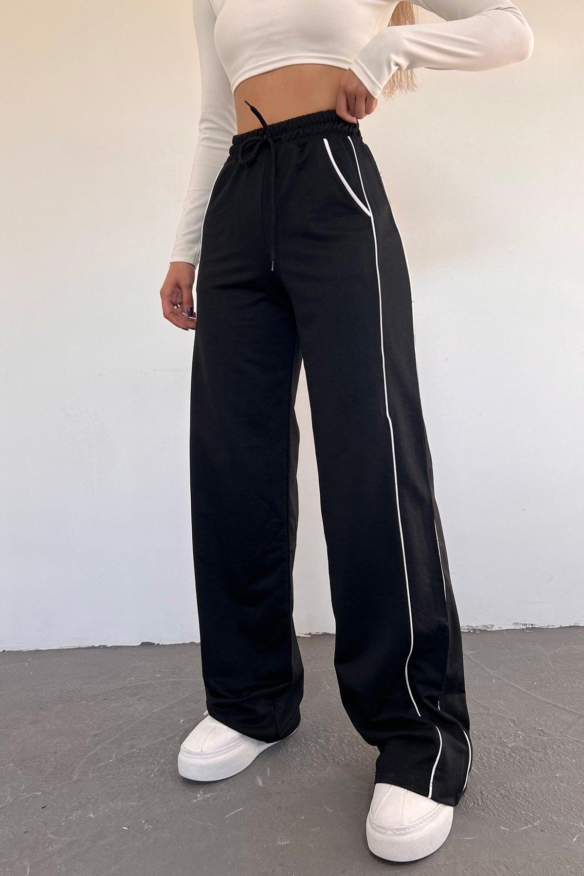 Women's Black Wide Leg Two-Thread Elastic Waist Sweatpants - Swordslife