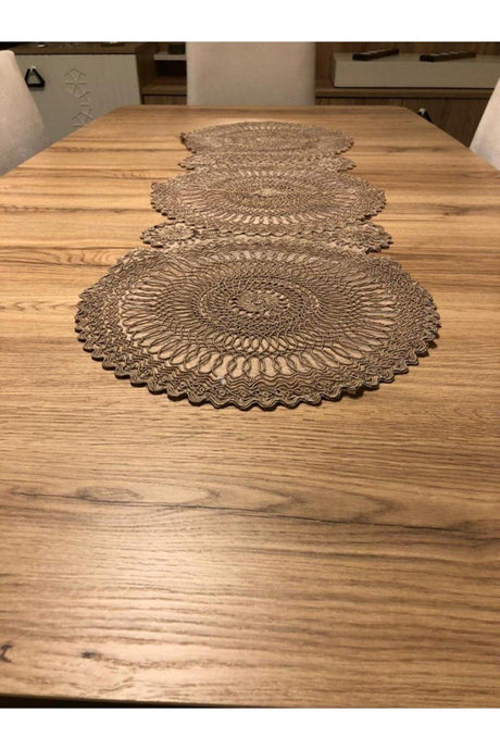 Lace Detailed Brown Oval Runner (115x35cm) - Swordslife