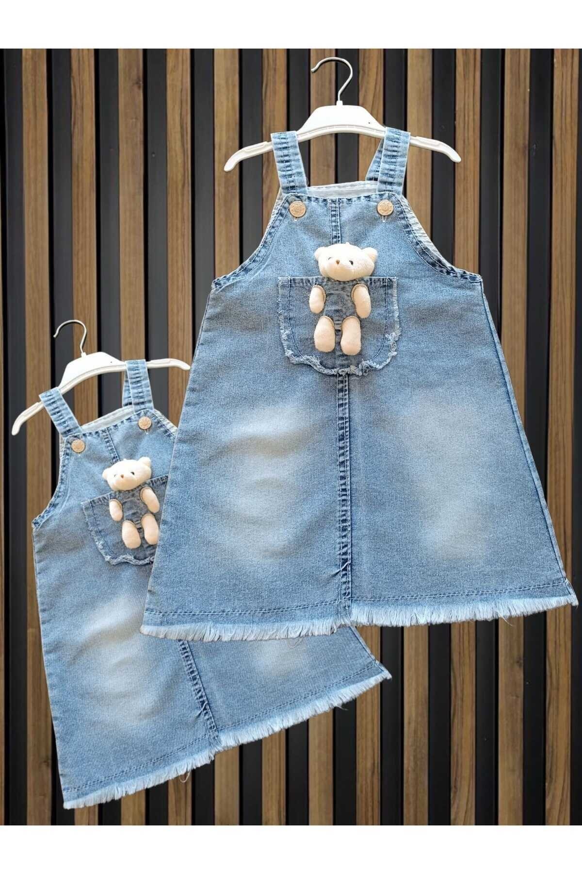Girl Jean Dress Gilet With Teddy Bear