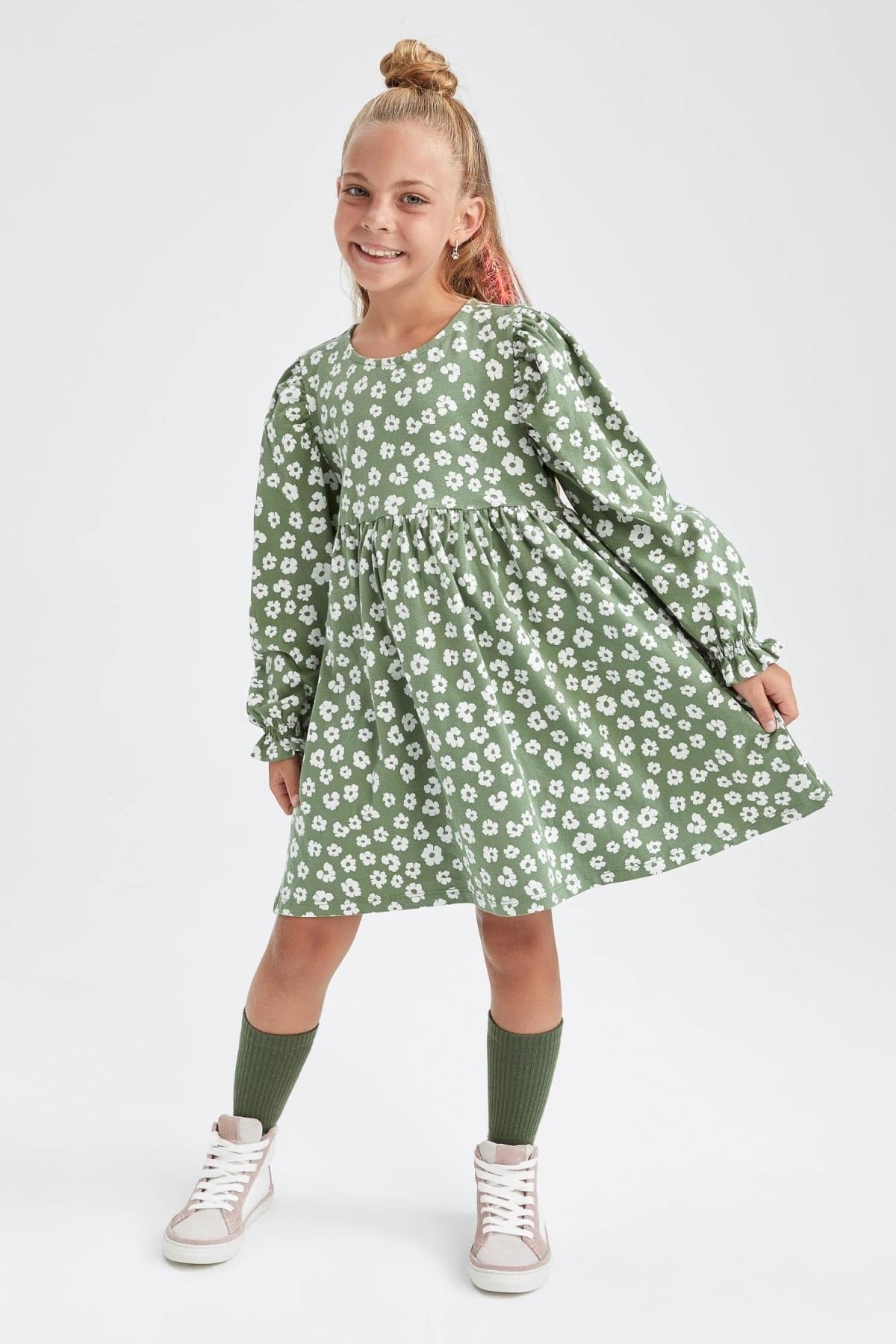 Girl Crew Neck Floral Long Sleeve Dress