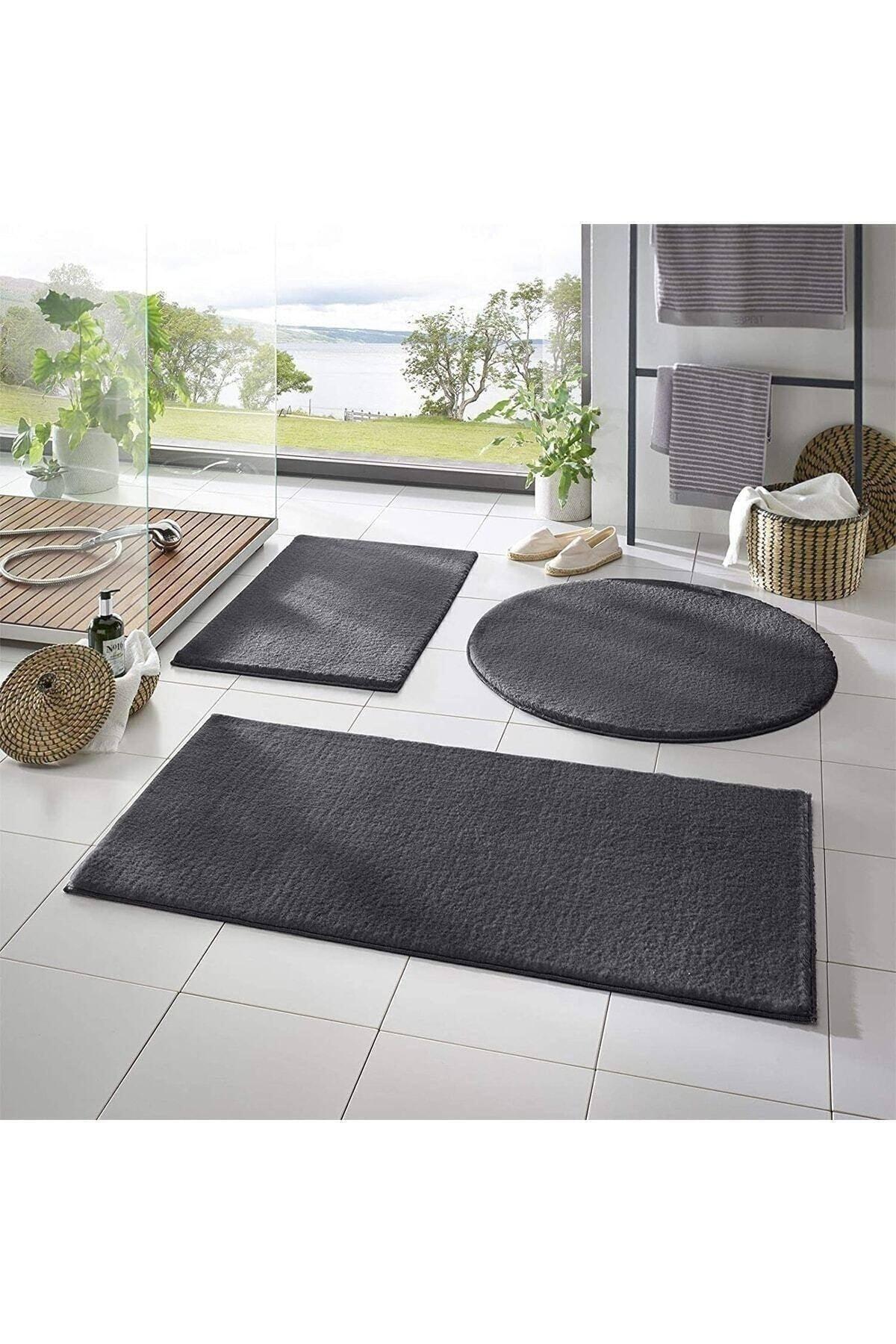 3 Piece Bath Mat Carpet Plush Carpet Closet Set Dark Gray 50x90-50x60--50x50(ROUND) - Swordslife