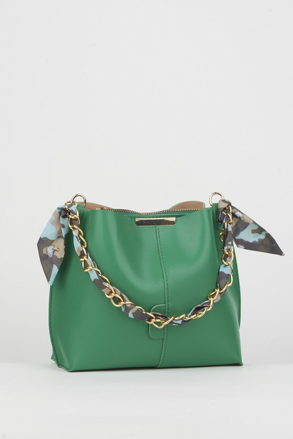 Women'S Green Scarf Chain Accessory Soft Leather 3-Compartment Hand, Arm And Shoulder Bag