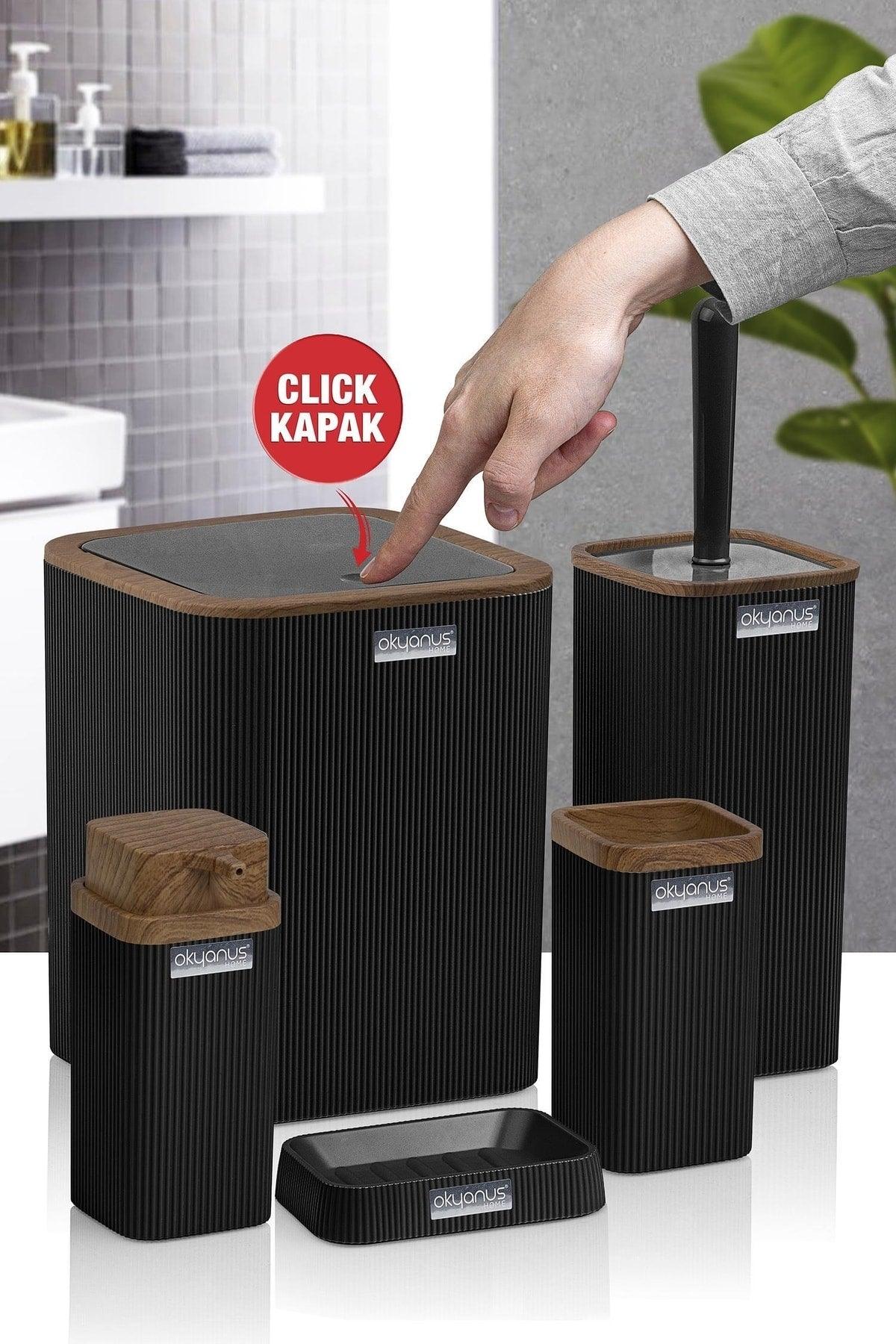 Stella Black Wood Patterned Striped 5 Piece Bathroom Set - Swordslife