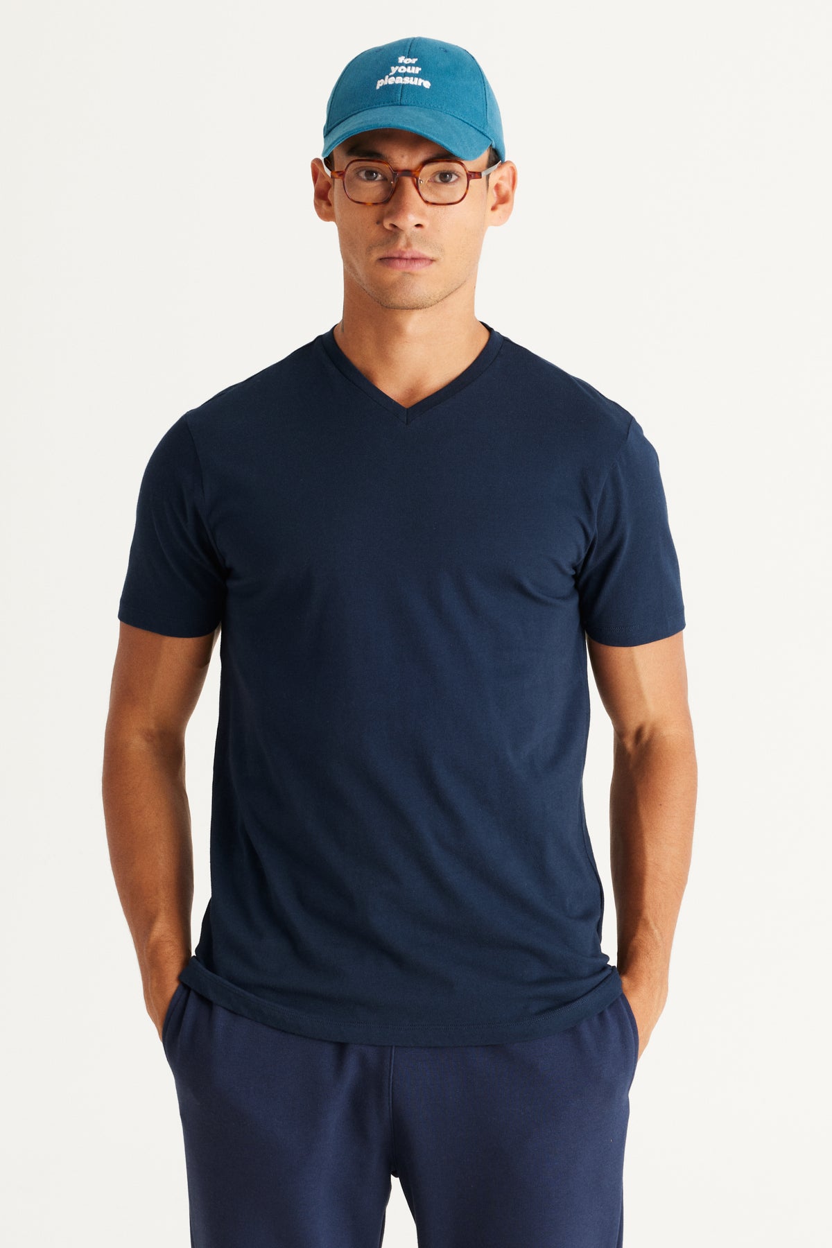 Men'S Navy Blue Slim Fit Slim Fit V-Neck Cotton V-Neck Short Sleeved T-Shirt