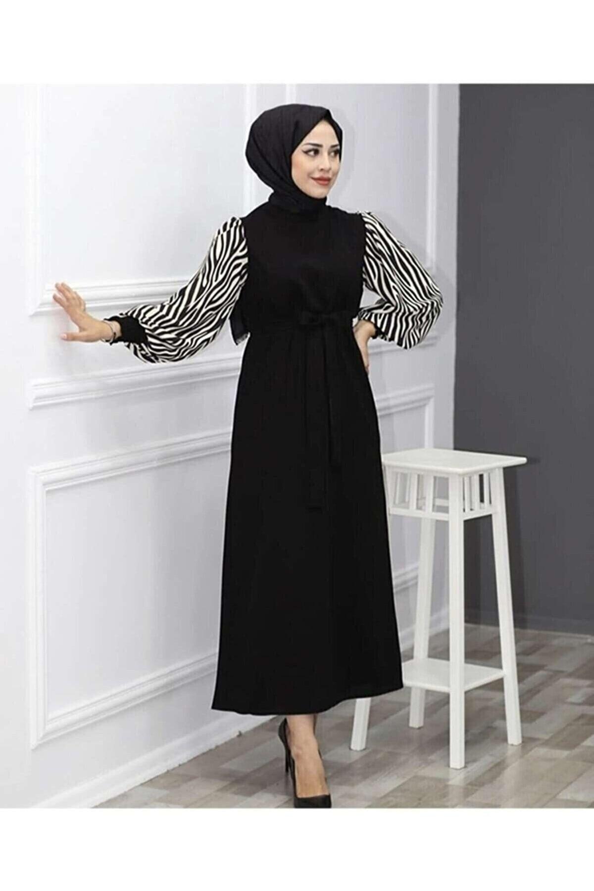 Zebra Patterned Long Hijab Dress - Black Zeraa-678 - Swordslife