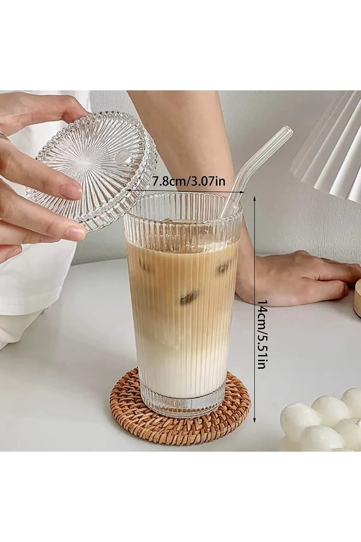 1 Single Pinterest Model Origami Striped Mica Lid Glass Cup With Straw