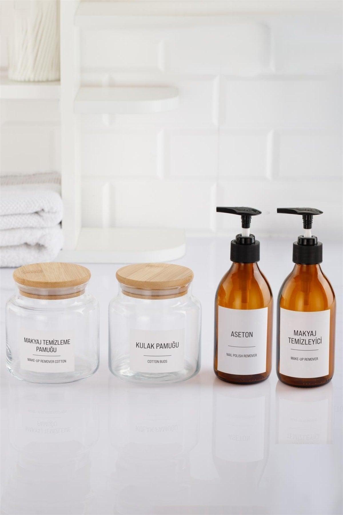 Montero Set of 4 500 Ml Glass Bamboo Lid Cotton Holder (2) & 250 Ml Amber Glass Bottle (2) - Swordslife