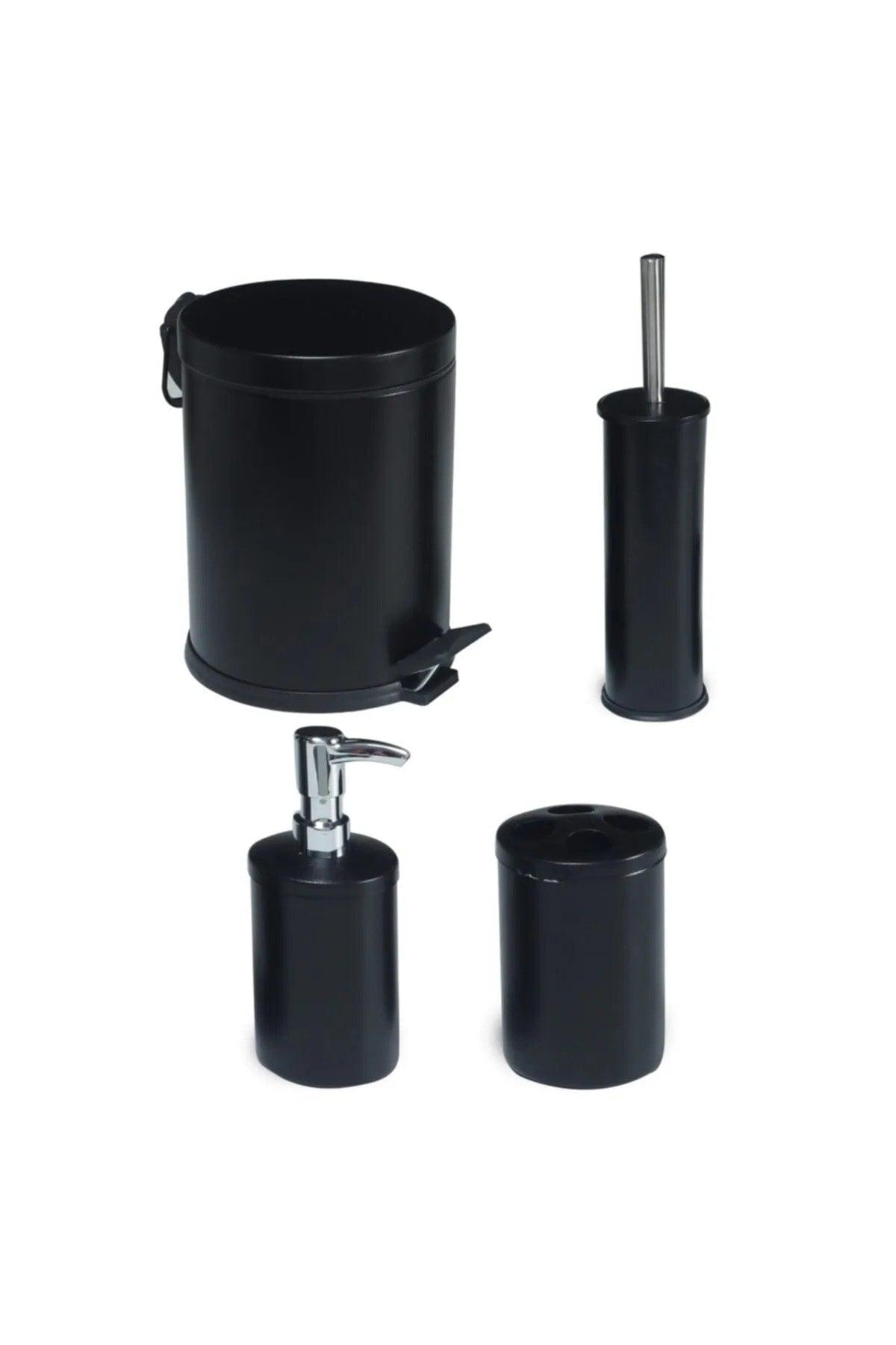 Black Set of 4 Pedal Dustbin Wc Toilet Bowl Brush Soap Dispenser Toothbrush Holder Set - Swordslife